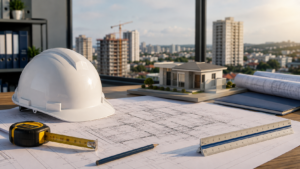 Capacete e plantas de projeto sobre mesa de engenharia, com skyline de São José do Rio Preto ao fundo