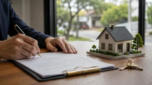 Assinatura de contrato imobiliário com maquete de casa e chaves sobre a mesa, em São José do Rio Preto